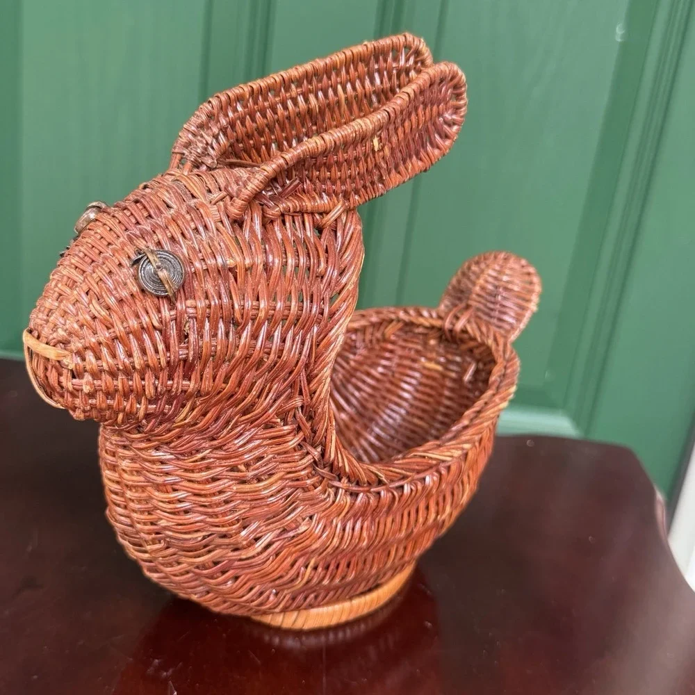 Vintage Wicker Rattan Bunny‎ Rabbit Planter Basket Cottagecore Retro Decor